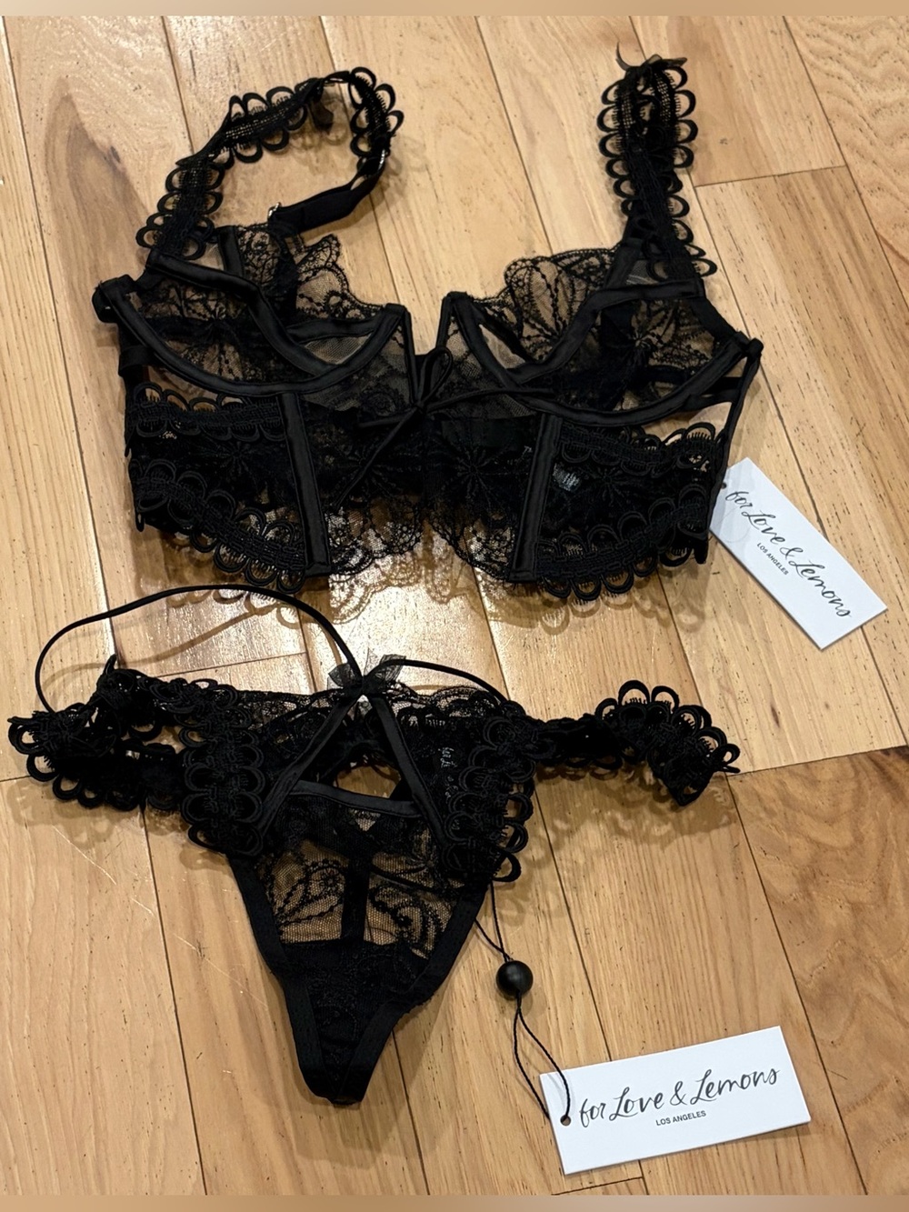 NWT For Love & Lemons Black Swirly Floral Embroidered Thong Bustier Lingerie Set